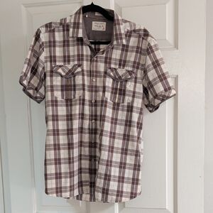 7 Diamonds Brown Maroon and White Plaid Button Down Pearlsnap Shirt Men's Medium